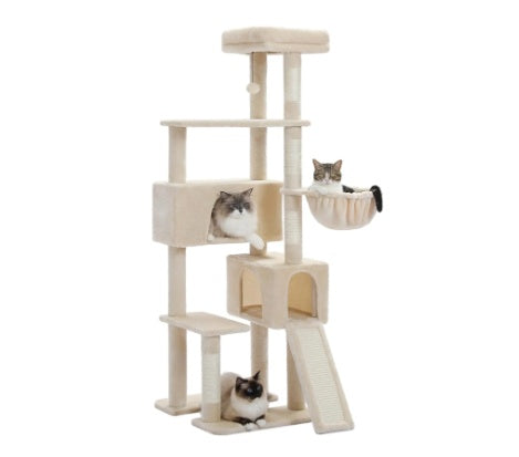 KFX-1079869 Large 65-Inch Cat Tree with Hammocks, Scratch Columns, and Multi-level Play Platforms