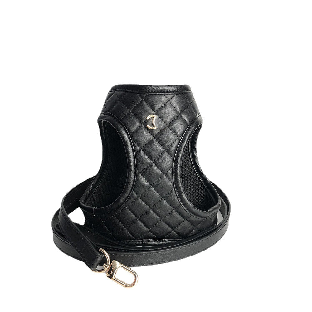 KFX-1091389 Leather Dog Chest and Back Harness Suit in Black - Sizes S to XL with Included Rope
