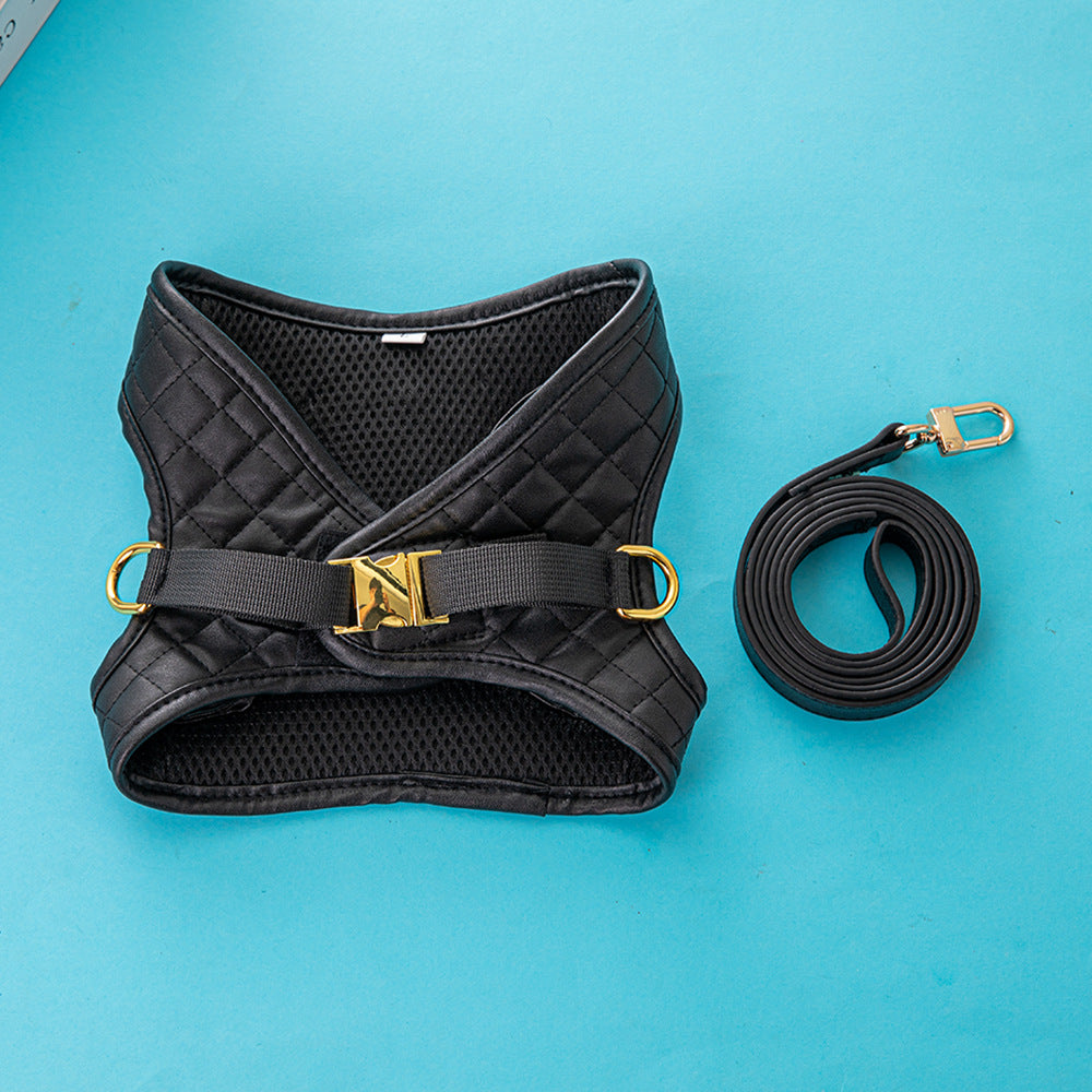 KFX-1091389 Leather Dog Chest and Back Harness Suit in Black - Sizes S to XL with Included Rope