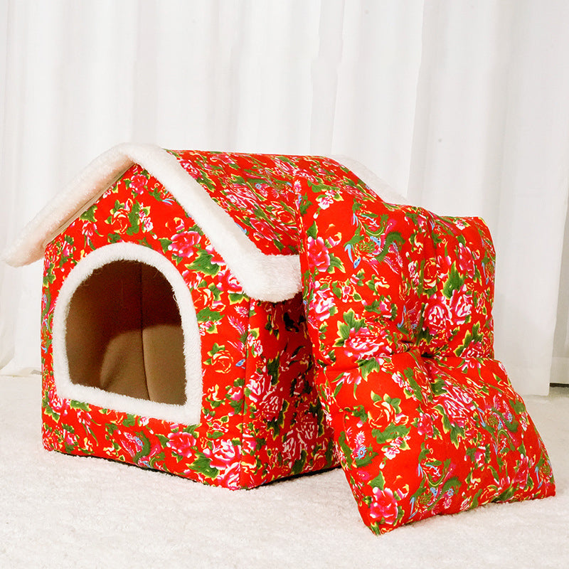 KFX-1092157 Cozy Chinese Style Cat Nest - Warm, Enclosed Cat House for All Seasons, Extra Large Size