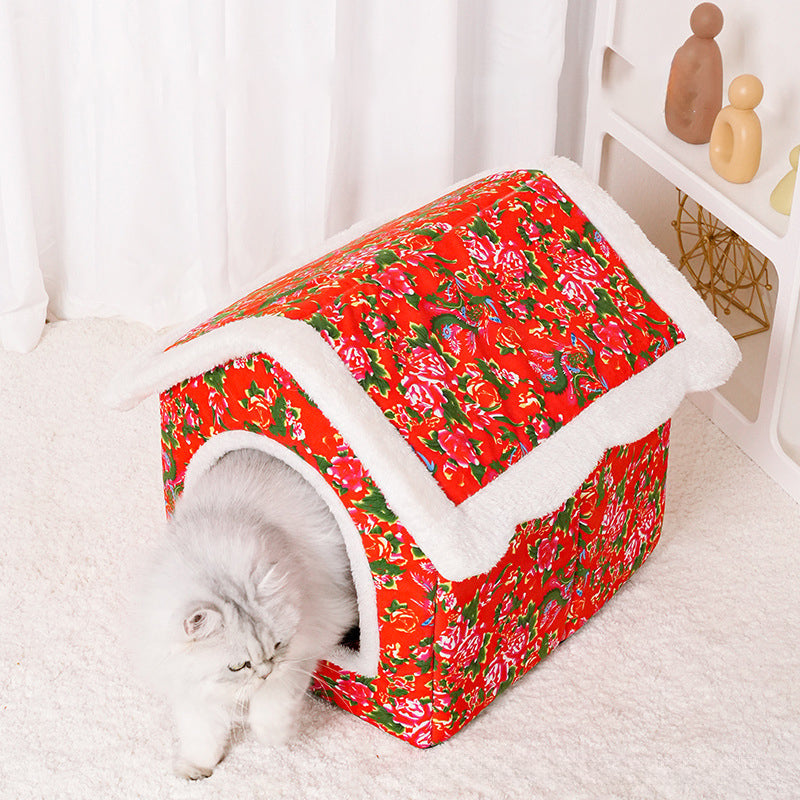 KFX-1092157 Cozy Chinese Style Cat Nest - Warm, Enclosed Cat House for All Seasons, Extra Large Size