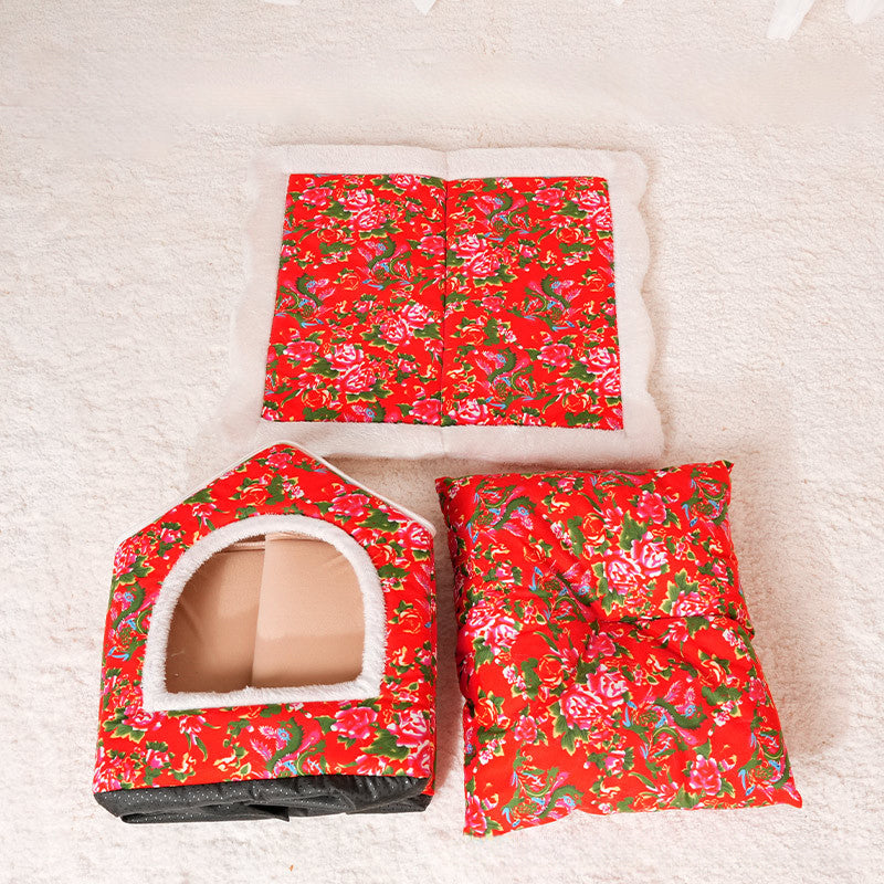 KFX-1092157 Cozy Chinese Style Cat Nest - Warm, Enclosed Cat House for All Seasons, Extra Large Size