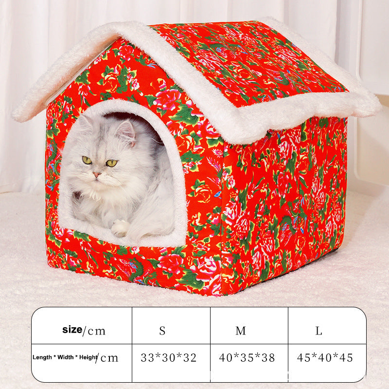 KFX-1092157 Cozy Chinese Style Cat Nest - Warm, Enclosed Cat House for All Seasons, Extra Large Size