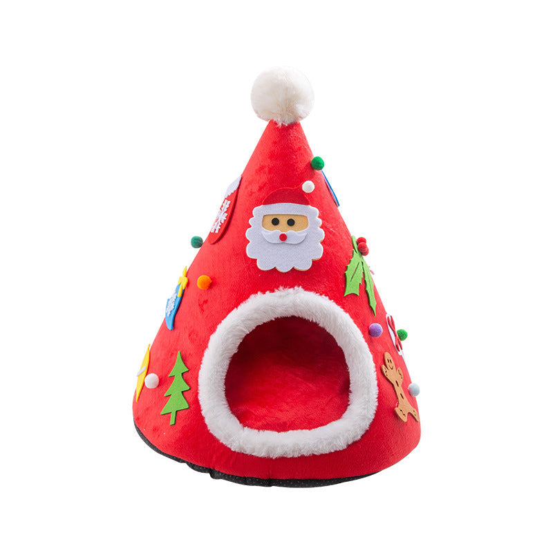 KFX-1097917 Warm Cat Nest with Christmas Hat Shape in Soft Plush and Sponge, Medium Size