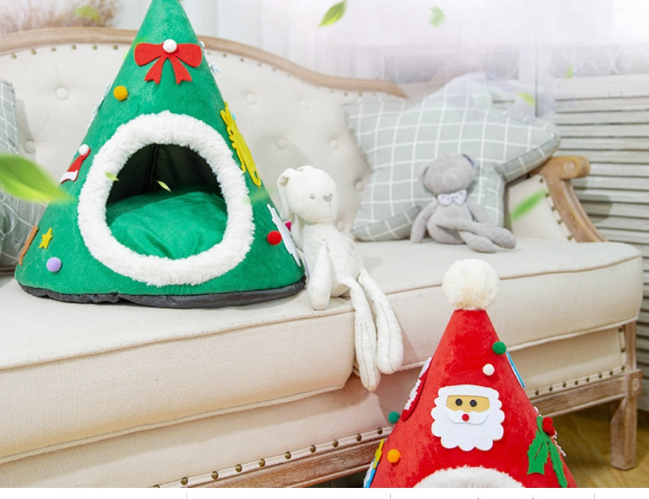 KFX-1097917 Warm Cat Nest with Christmas Hat Shape in Soft Plush and Sponge, Medium Size