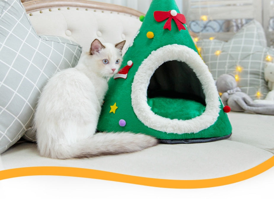 KFX-1097917 Warm Cat Nest with Christmas Hat Shape in Soft Plush and Sponge, Medium Size