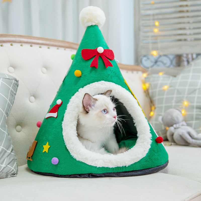 KFX-1097917 Warm Cat Nest with Christmas Hat Shape in Soft Plush and Sponge, Medium Size