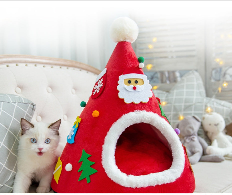 KFX-1097917 Warm Cat Nest with Christmas Hat Shape in Soft Plush and Sponge, Medium Size