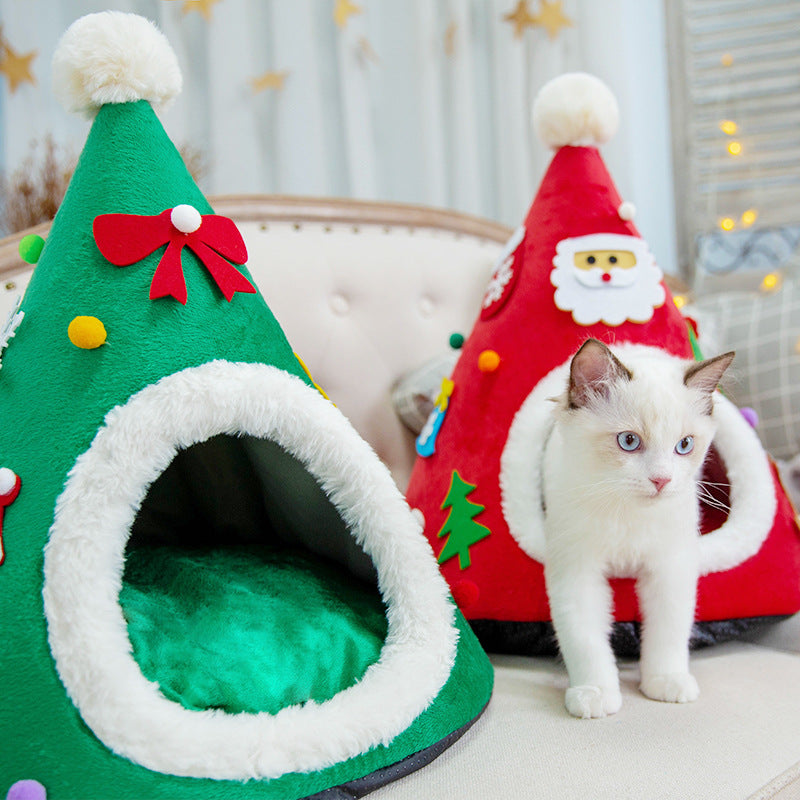 KFX-1097917 Warm Cat Nest with Christmas Hat Shape in Soft Plush and Sponge, Medium Size