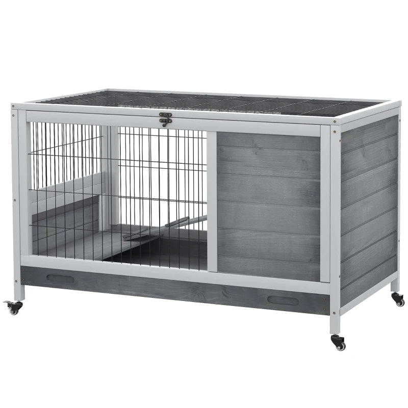 KFX-1101501 Elevated Wooden Indoor Rabbit and Guinea Pig Enclosure with Enclosed Run and Wheels