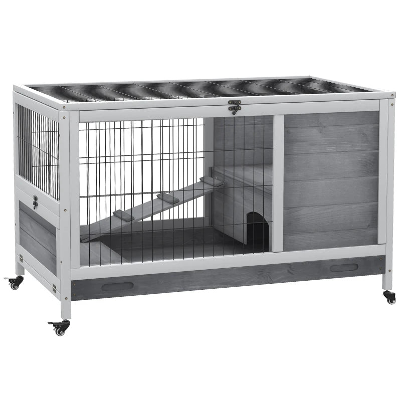 KFX-1101501 Elevated Wooden Indoor Rabbit and Guinea Pig Enclosure with Enclosed Run and Wheels