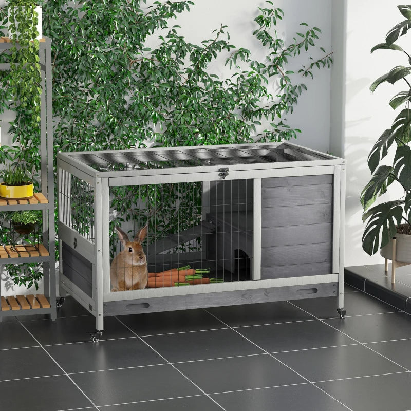 KFX-1101501 Elevated Wooden Indoor Rabbit and Guinea Pig Enclosure with Enclosed Run and Wheels