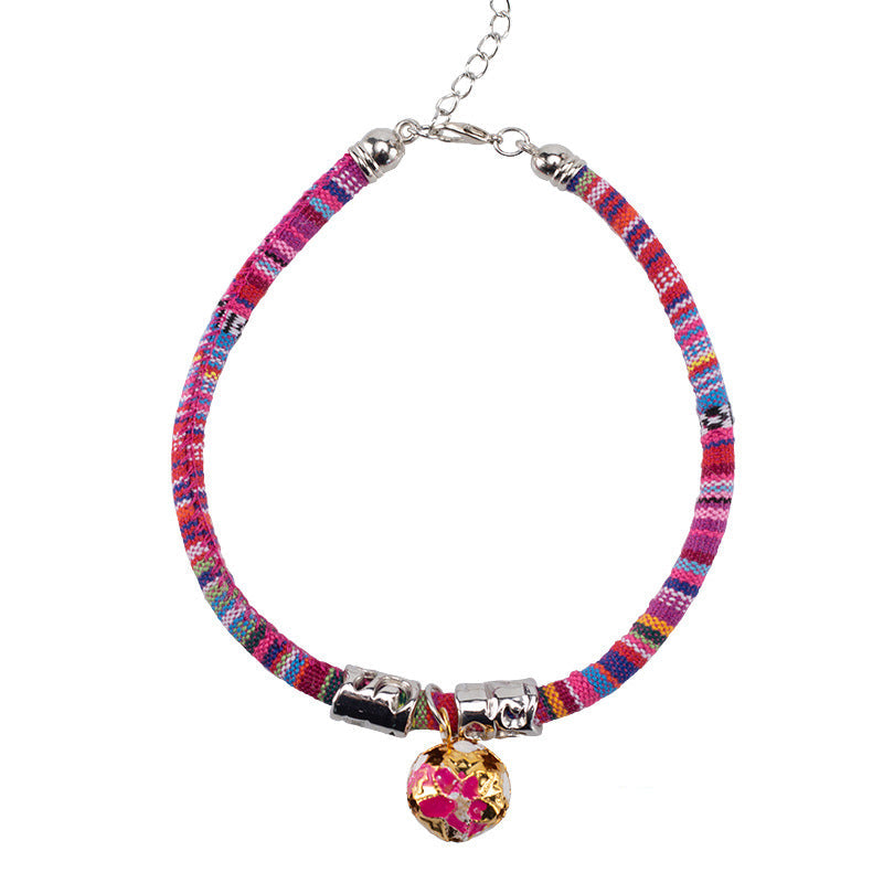 KFX-1105853 Ethnic Style Adjustable Bell Collar for Cats, Dogs, and Rabbits in Blue, Red, Green, and Rose Red