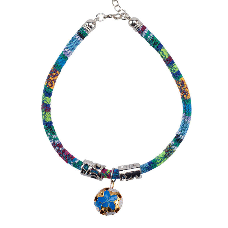 KFX-1105853 Ethnic Style Adjustable Bell Collar for Cats, Dogs, and Rabbits in Blue, Red, Green, and Rose Red