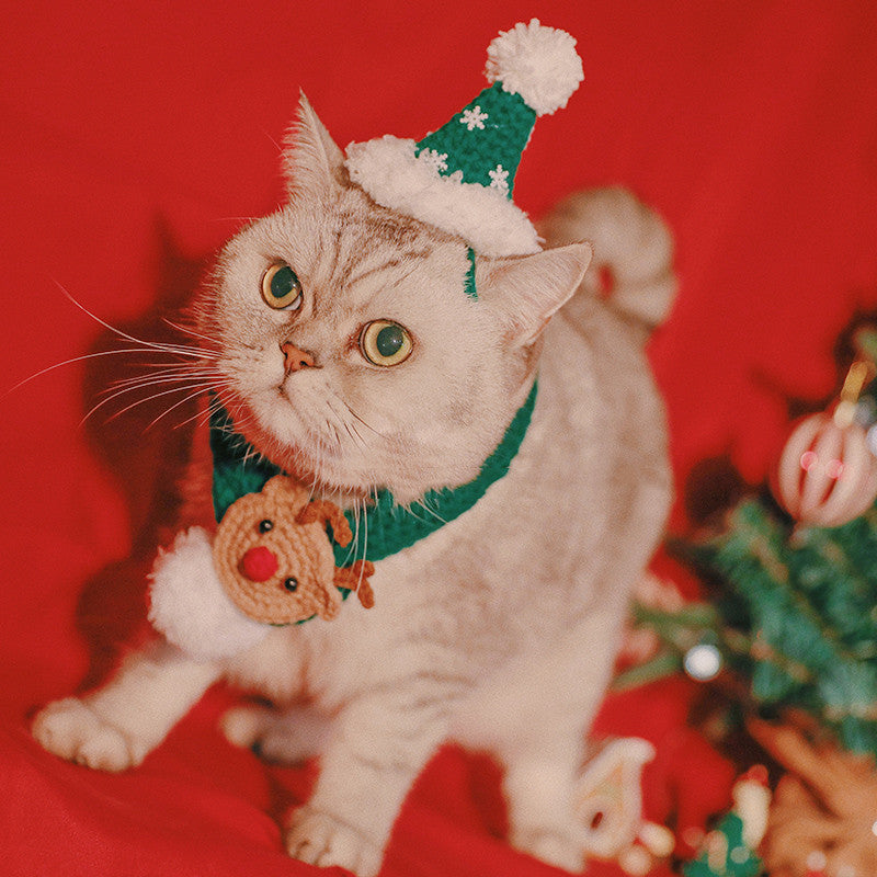 KFX-1108413 Festive Hand Woven Pet Christmas Hat and Scarf Set in Red and Green
