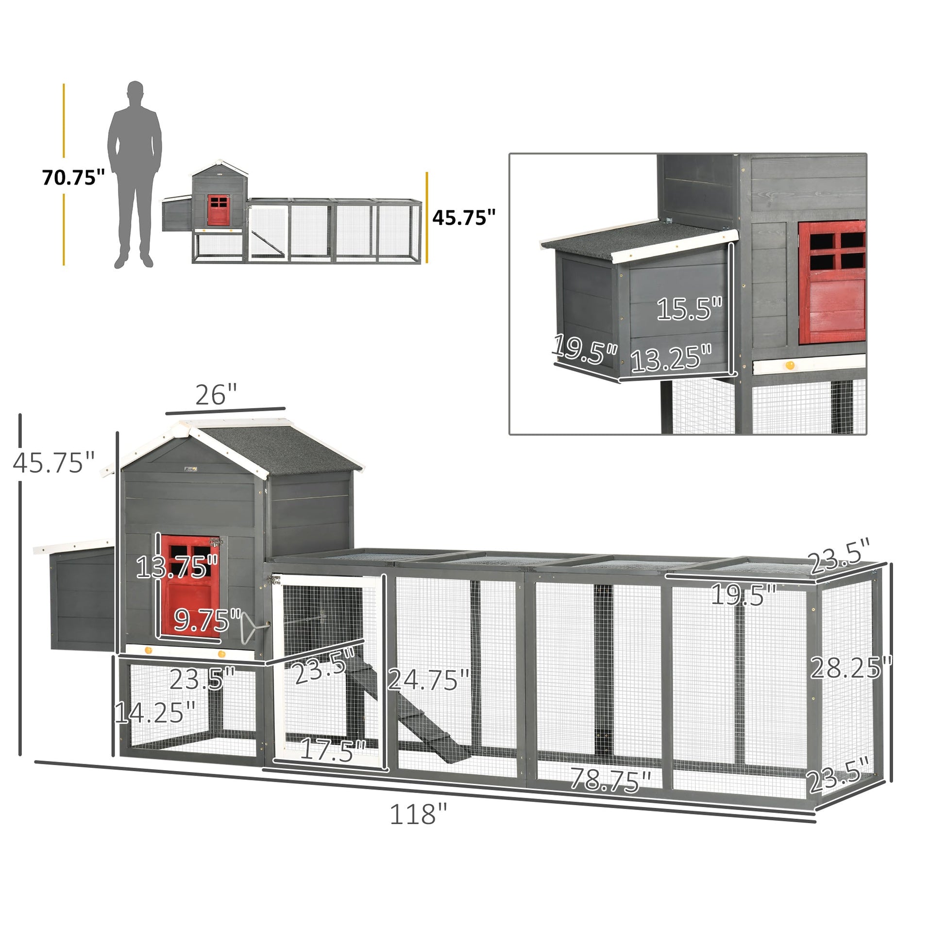 KFX-1113021 Extra Large Wooden Chicken Coop with Asphalt Roof, Nesting Box, and Run for 3-6 Chickens - Gray