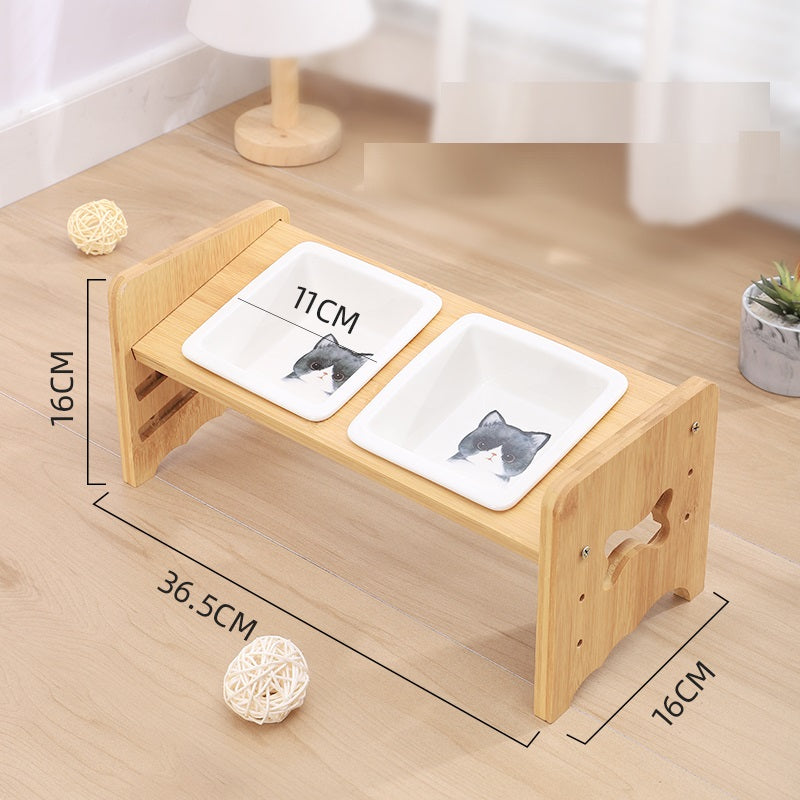 KFX-1115325 Adjustable Pet Feeding Bowl with Bamboo Base and Ceramic Dish for Cats and Small Dogs