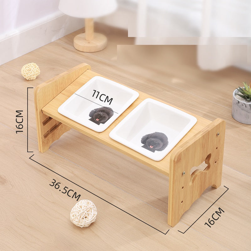 KFX-1115325 Adjustable Pet Feeding Bowl with Bamboo Base and Ceramic Dish for Cats and Small Dogs