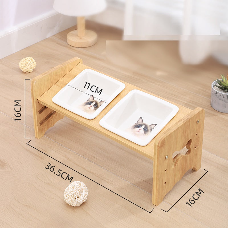 KFX-1115325 Adjustable Pet Feeding Bowl with Bamboo Base and Ceramic Dish for Cats and Small Dogs