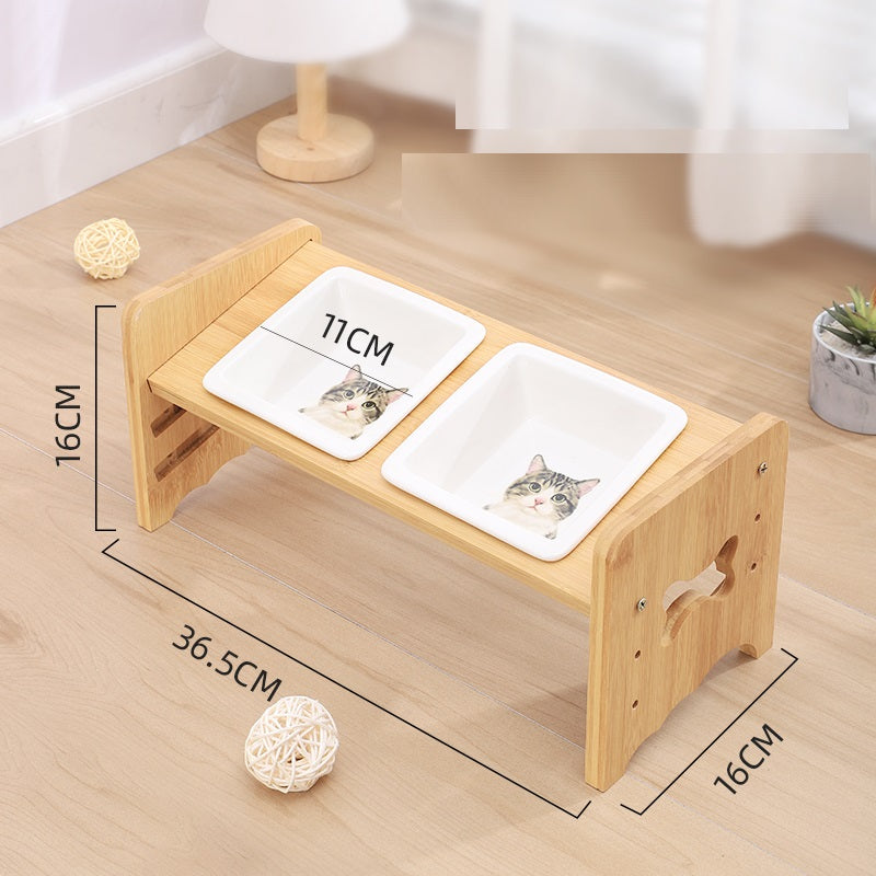 KFX-1115325 Adjustable Pet Feeding Bowl with Bamboo Base and Ceramic Dish for Cats and Small Dogs