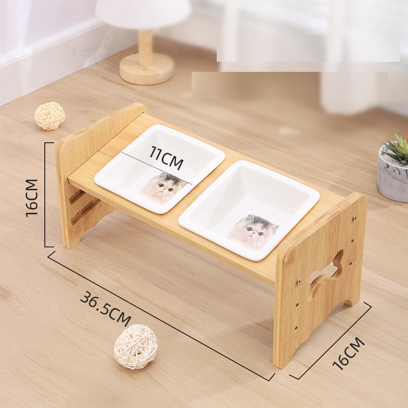KFX-1115325 Adjustable Pet Feeding Bowl with Bamboo Base and Ceramic Dish for Cats and Small Dogs