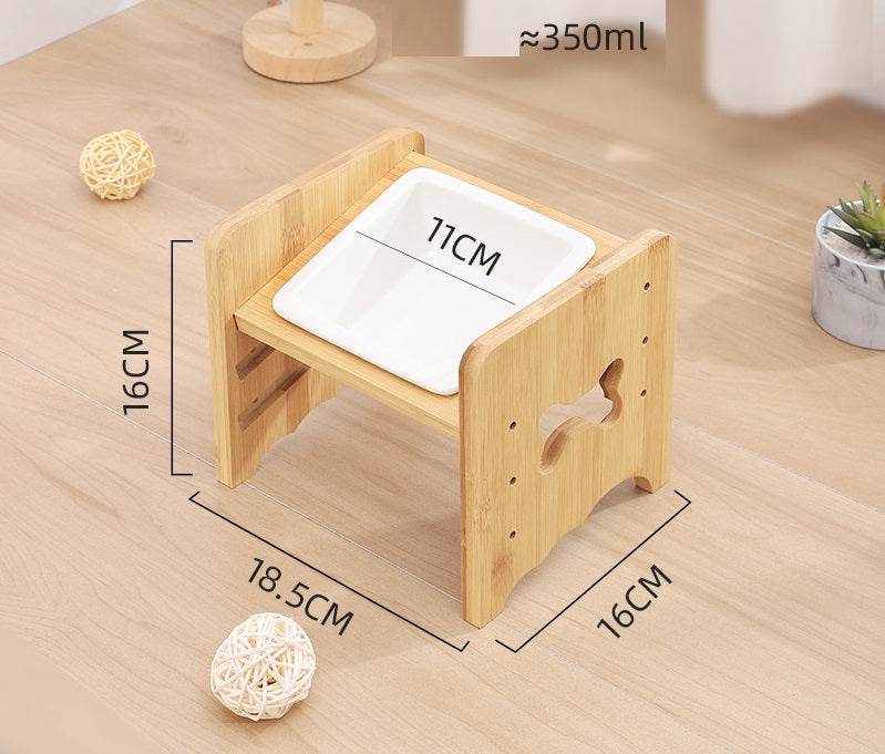 KFX-1115325 Adjustable Pet Feeding Bowl with Bamboo Base and Ceramic Dish for Cats and Small Dogs
