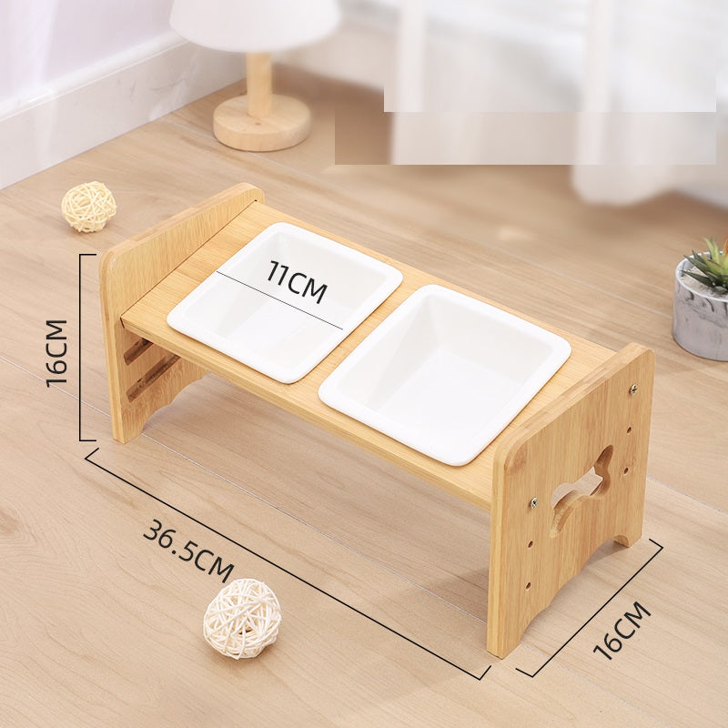 KFX-1115325 Adjustable Pet Feeding Bowl with Bamboo Base and Ceramic Dish for Cats and Small Dogs