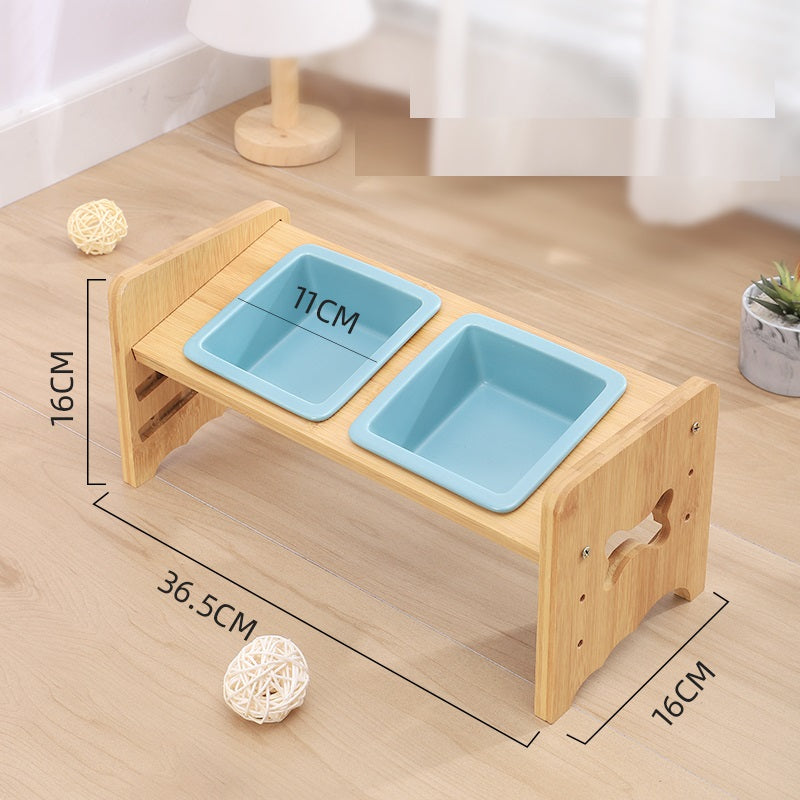 KFX-1115325 Adjustable Pet Feeding Bowl with Bamboo Base and Ceramic Dish for Cats and Small Dogs