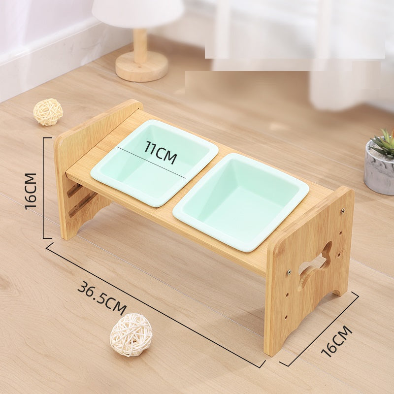 KFX-1115325 Adjustable Pet Feeding Bowl with Bamboo Base and Ceramic Dish for Cats and Small Dogs