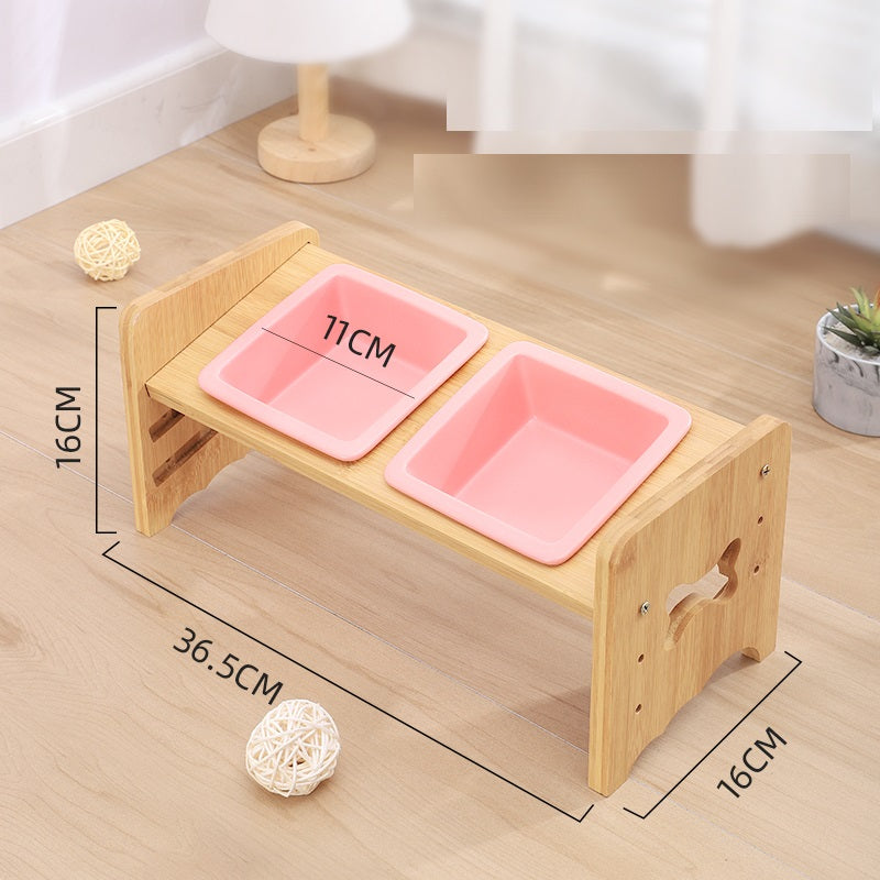 KFX-1115325 Adjustable Pet Feeding Bowl with Bamboo Base and Ceramic Dish for Cats and Small Dogs