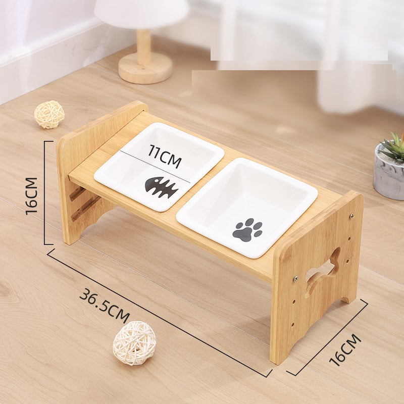 KFX-1115325 Adjustable Pet Feeding Bowl with Bamboo Base and Ceramic Dish for Cats and Small Dogs