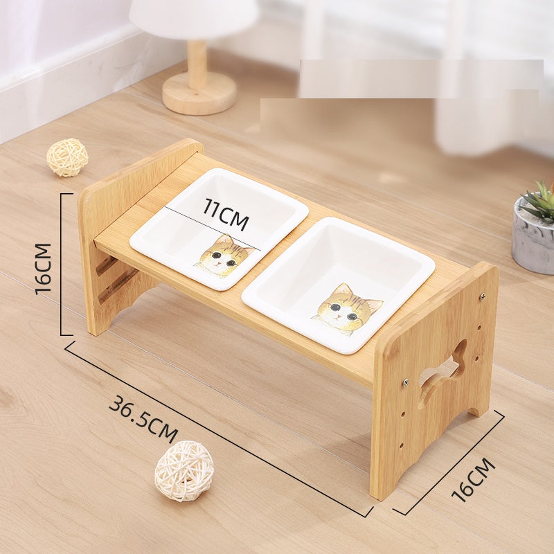 KFX-1115325 Adjustable Pet Feeding Bowl with Bamboo Base and Ceramic Dish for Cats and Small Dogs