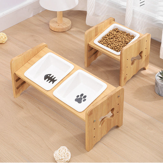 KFX-1115325 Adjustable Pet Feeding Bowl with Bamboo Base and Ceramic Dish for Cats and Small Dogs