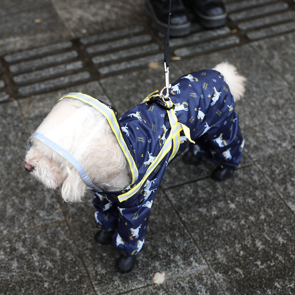 KFX-1115709 Four-Legged Waterproof Dog Raincoat in Navy Blue with Sling Traction