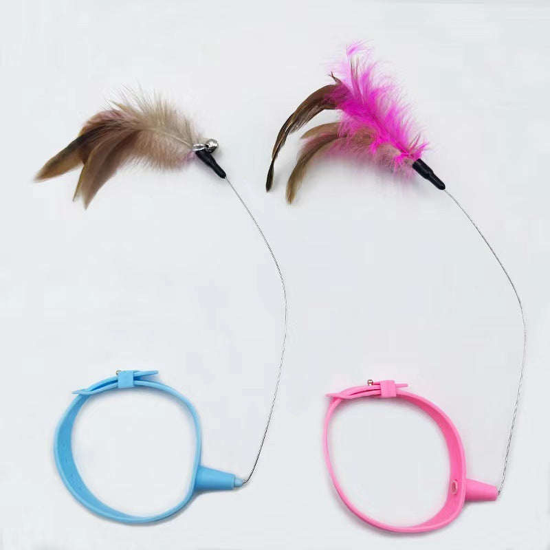 KFX-1116605 Adjustable Cat Feather Teasing Wand with Bell | Interactive Silicone Collar Toy for Cats