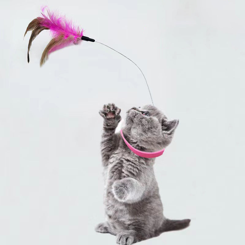 KFX-1116605 Adjustable Cat Feather Teasing Wand with Bell | Interactive Silicone Collar Toy for Cats