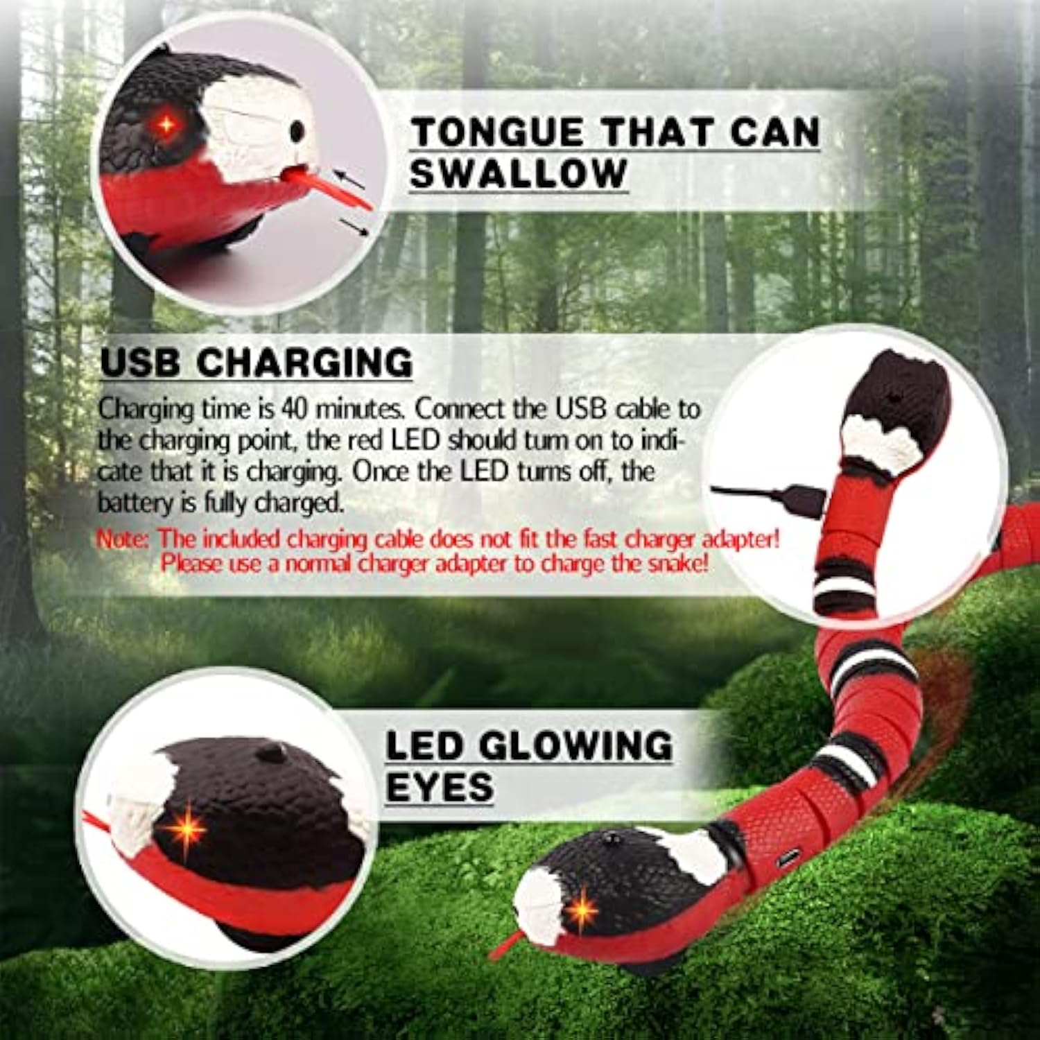 KFX-1133885 USB Rechargeable Interactive Infrared Sensing Snake Toy for Cats and Dogs with Glowing Eyes and Swallowing Tongue