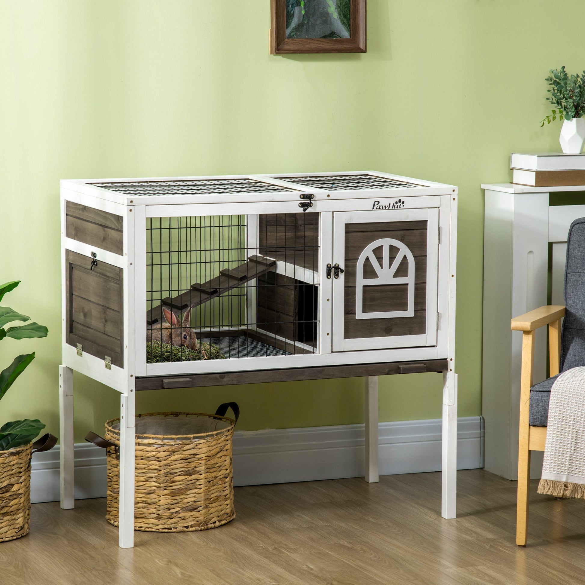 KFX-1134269 Elevated Coffee Wood Rabbit Hutch with Metal Run for Small Animals