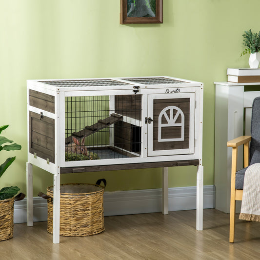 KFX-1134269 Elevated Coffee Wood Rabbit Hutch with Metal Run for Small Animals
