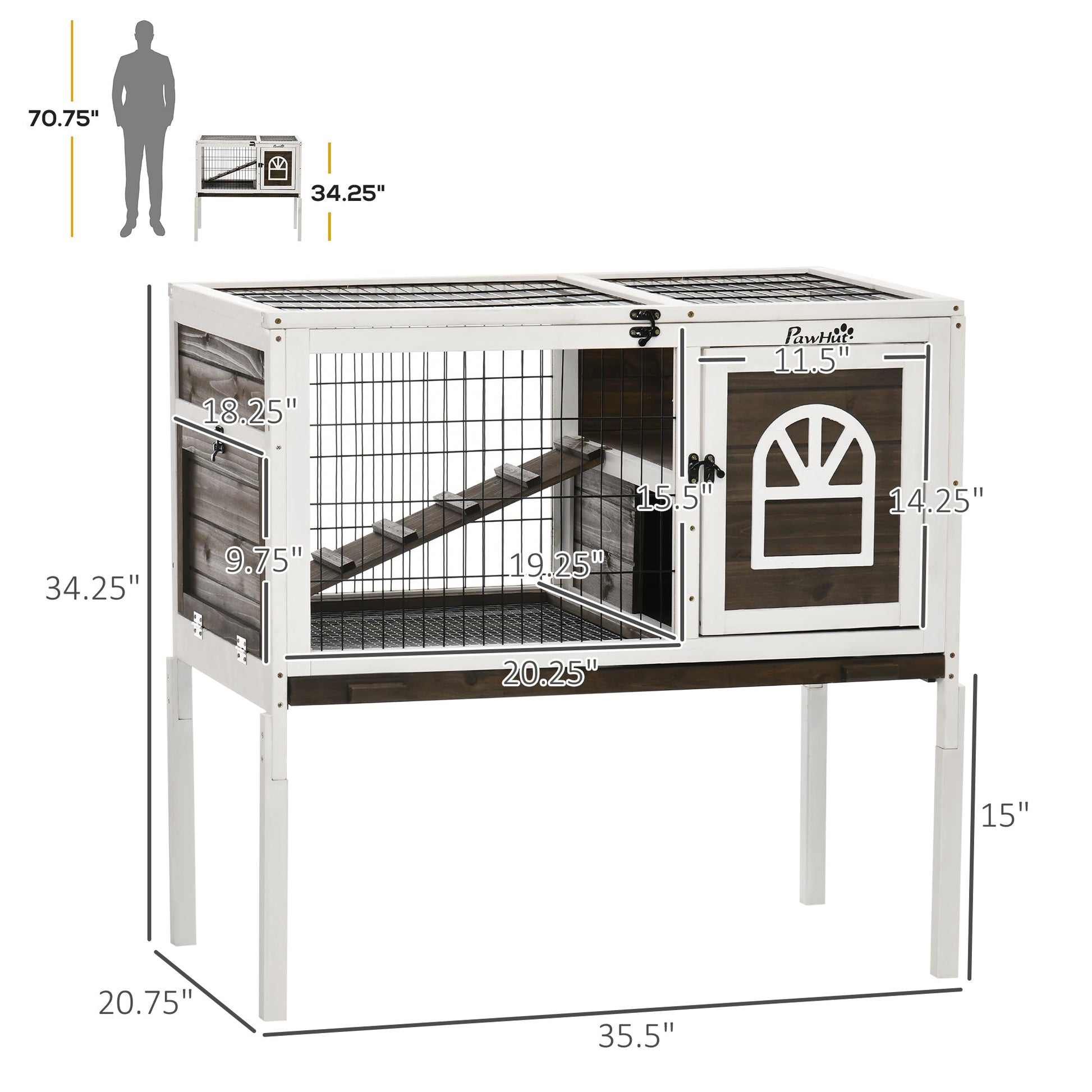 KFX-1134269 Elevated Coffee Wood Rabbit Hutch with Metal Run for Small Animals