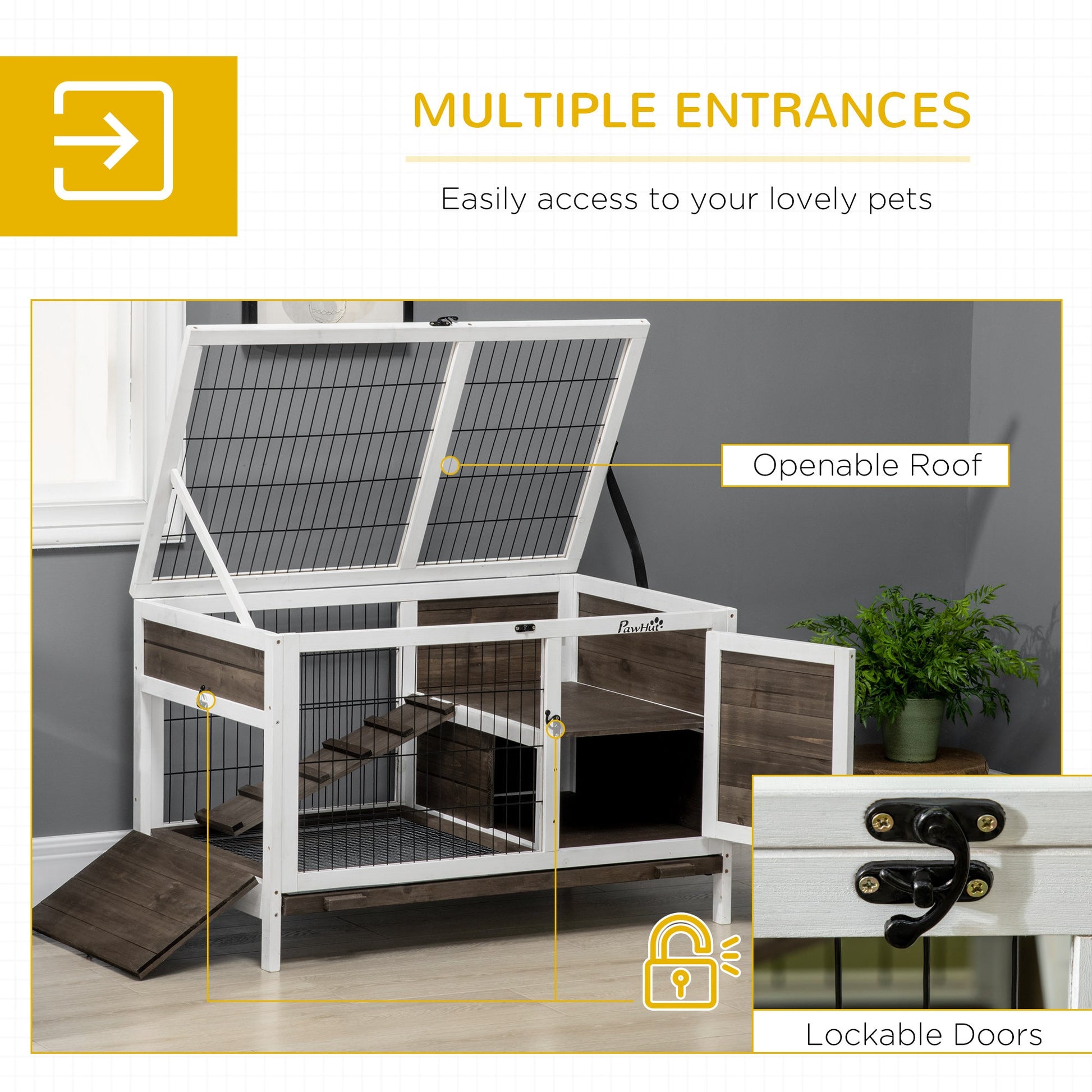 KFX-1134269 Elevated Coffee Wood Rabbit Hutch with Metal Run for Small Animals