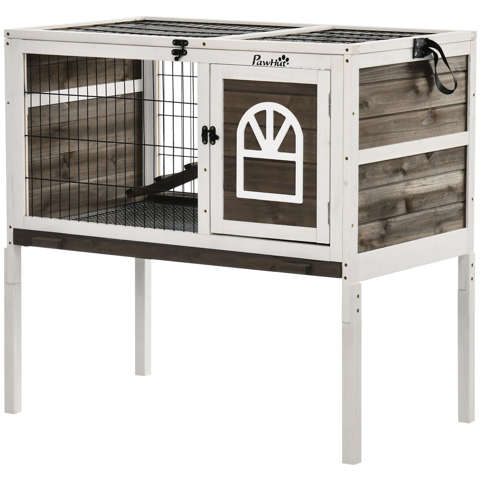 KFX-1134269 Elevated Coffee Wood Rabbit Hutch with Metal Run for Small Animals
