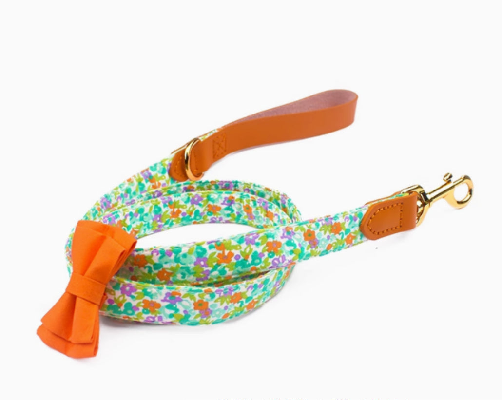 KFX-1136189 Floral Cotton and Cowhide Pet Dog Collar with Hand Holding Rope