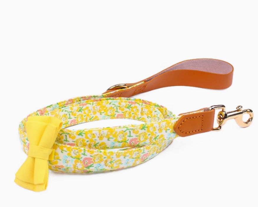 KFX-1136189 Floral Cotton and Cowhide Pet Dog Collar with Hand Holding Rope