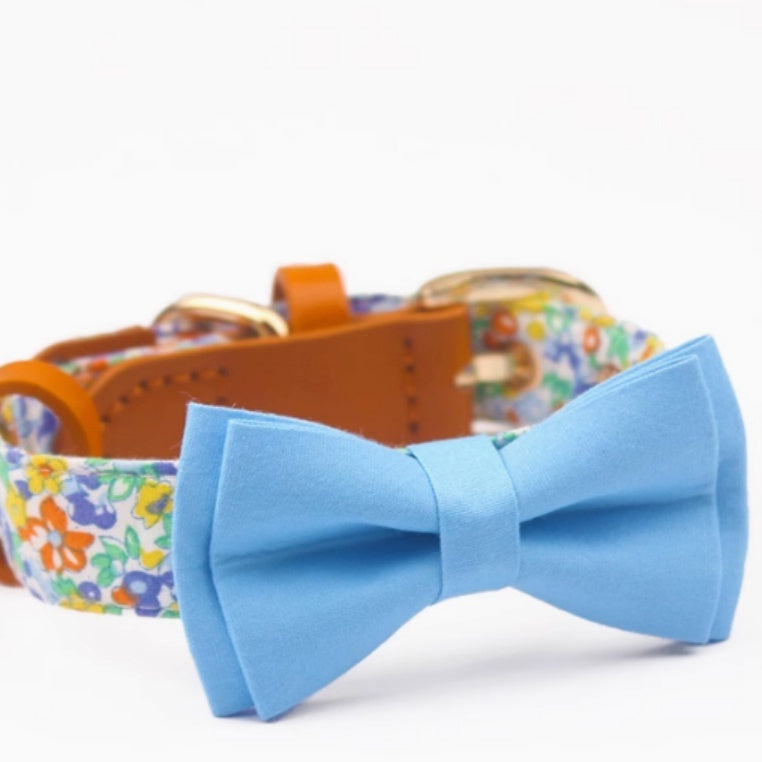 KFX-1136189 Floral Cotton and Cowhide Pet Dog Collar with Hand Holding Rope