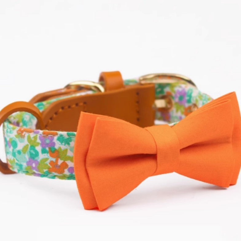 KFX-1136189 Floral Cotton and Cowhide Pet Dog Collar with Hand Holding Rope