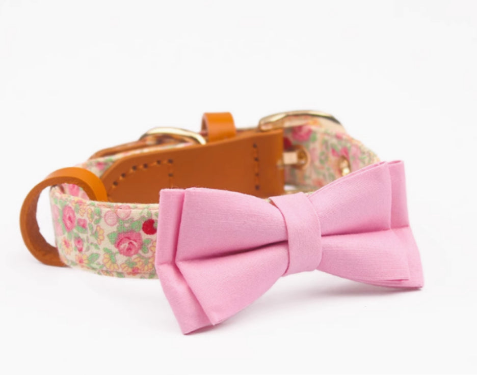 KFX-1136189 Floral Cotton and Cowhide Pet Dog Collar with Hand Holding Rope