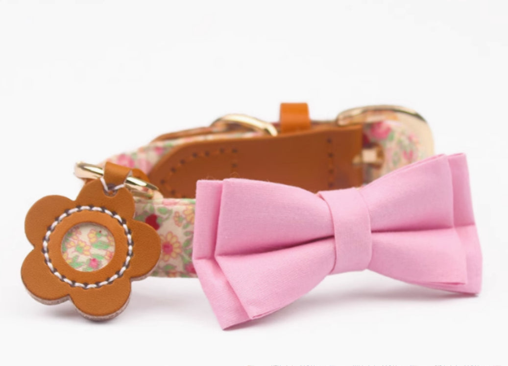 KFX-1136189 Floral Cotton and Cowhide Pet Dog Collar with Hand Holding Rope