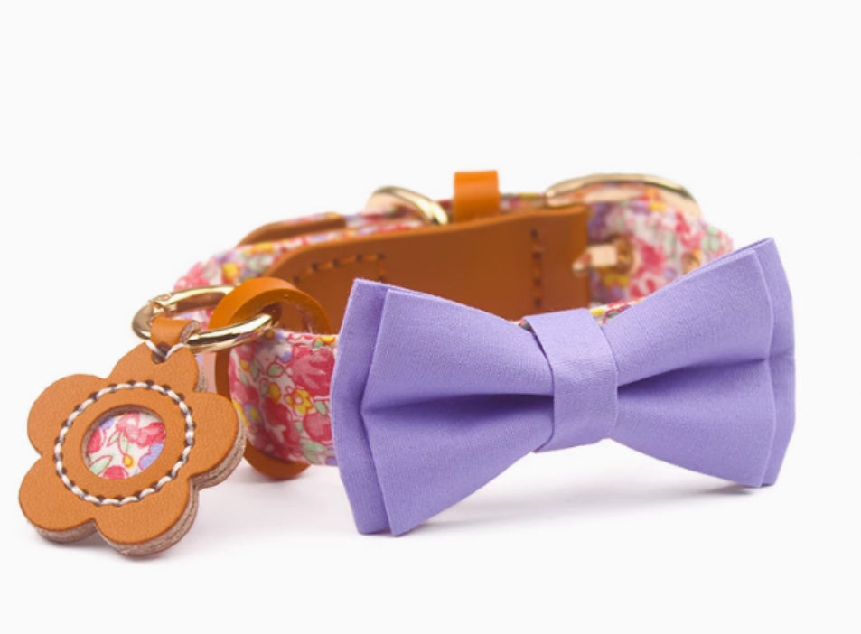 KFX-1136189 Floral Cotton and Cowhide Pet Dog Collar with Hand Holding Rope