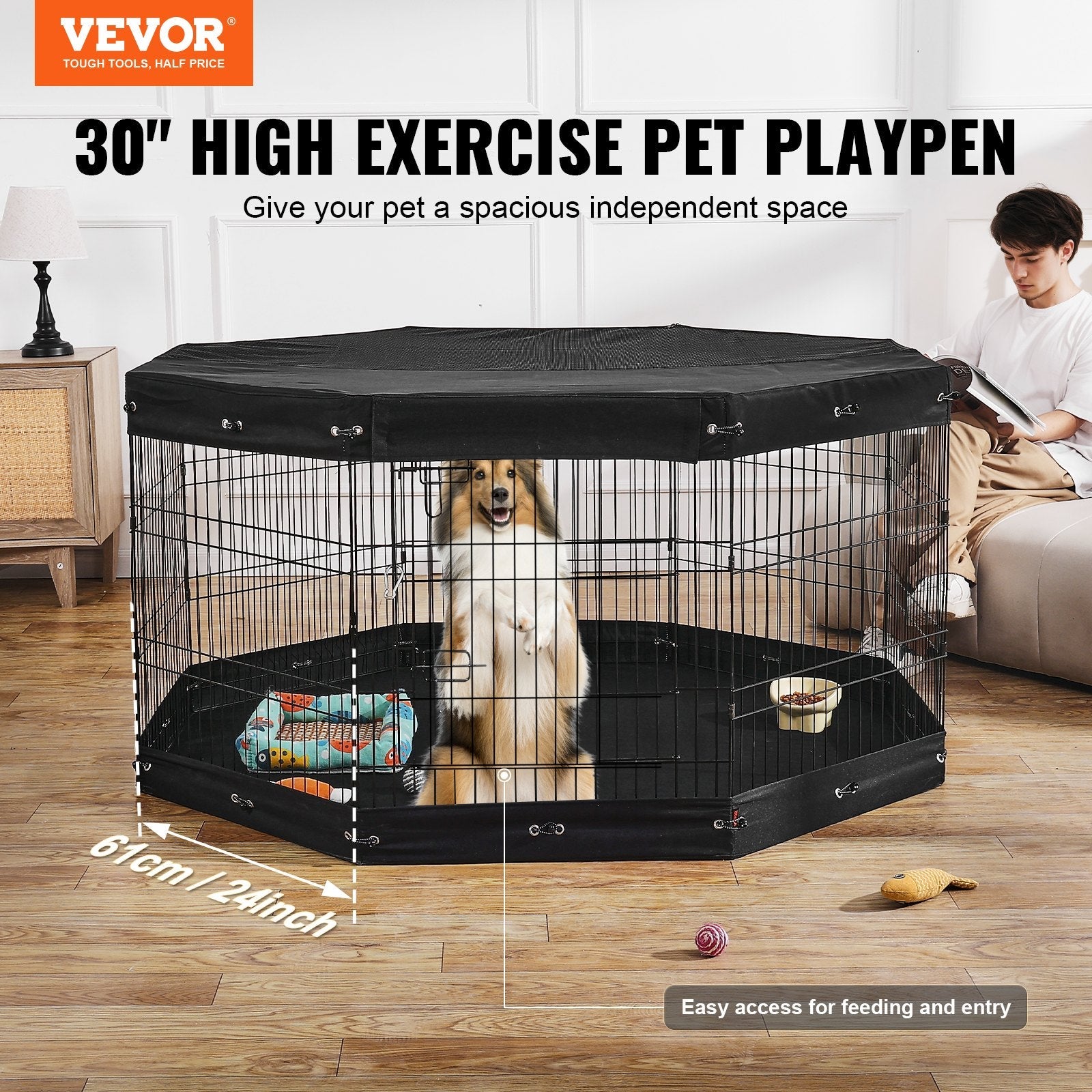 KFX-1137981 Foldable 8-Panel Metal Dog Exercise Playpen with Waterproof Cover, 30" Height, Perfect for Medium Pets